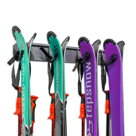 Raxgo Wall Mounted Ski Rack, Ski Wall Mount for 4 Pairs of Skis & Poles or Snowboard, Set of 4 Hooks RGWMSR4H